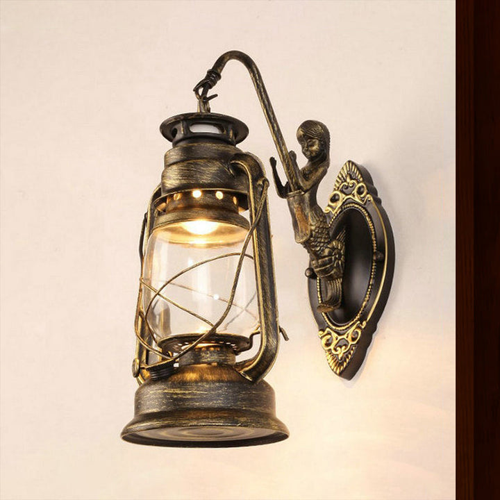 BowLift | One Bulb Wall Lamp with Lantern Shade Clear Glass Coast Bedroom Wall Lamp in Black/Antique Brass/Aged Copper with Mermaid