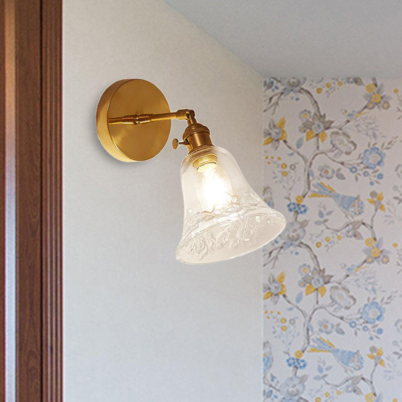 BowLift | 1 Light Clear Glass Wall Scone Light Rustic Brass Bell Bedroom Lighting Fixture with Flower