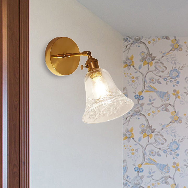 BowLift | 1 Light Clear Glass Wall Scone Light Rustic Brass Bell Bedroom Lighting Fixture with Flower
