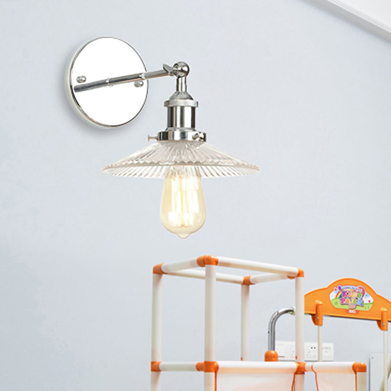 BowLift | Cone-shaped clear prismatic glass wall lamp industrial single bulb bathroom sconce light in chrome