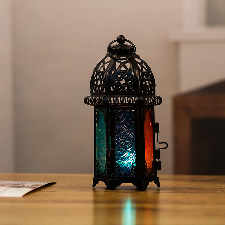 Ornate Moroccan Stained-Glass Metal Tealight Lantern Bowlift