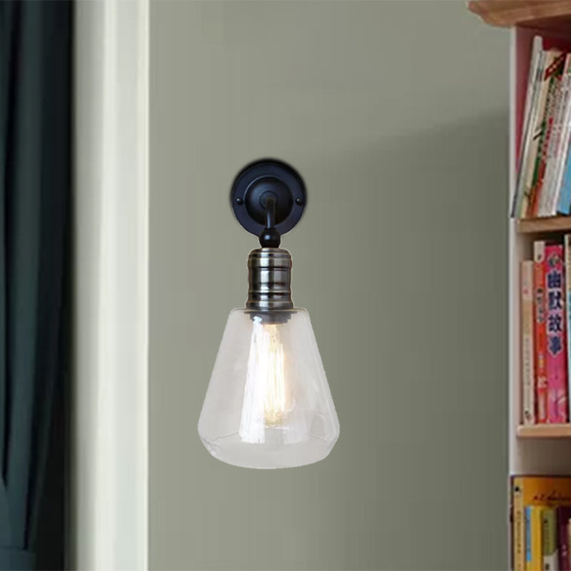 BowLift | Rustic Style Tapered Shade Wall Lighting Fixture Single Gloss Clear Glass Wall Lamp in Black for Kitchen