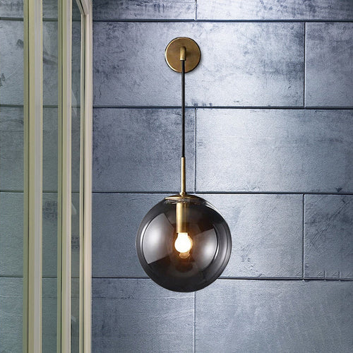 BowLift | Modern Spherical Wall Lamp 1 Bulb Smoke Glass Wall Light in Black/Brass for the Living Room, 8