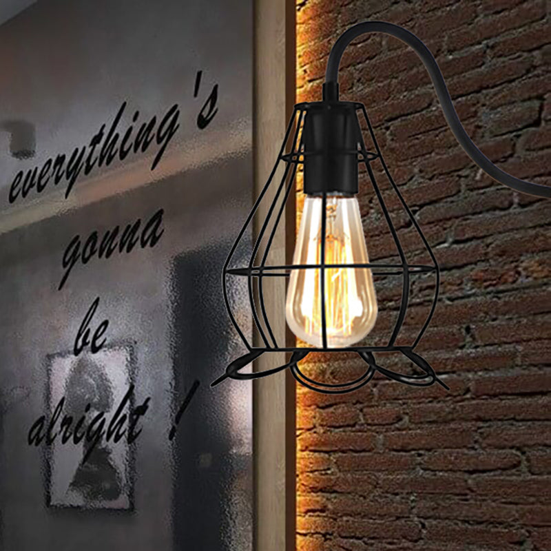 BowLift | Black 1 Head Wall Lamp Vintage Industrial Metal Bottle/Rectangular Wall Light Wall Lamp with Wire Frame for Café