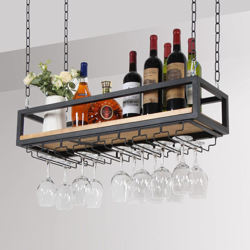 BowLift | 39in Ceiling Mounted Wine Rack with Glass Holder and Shelf Industrial Hanging Wine Rack
