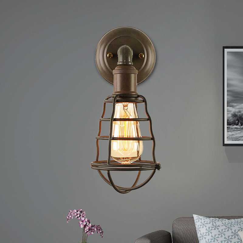 BowLift | Rust Finish Mini Wall Lamp with Cage Shade Antique Style Iron 1 Light Farmhouse Wall Mount Lighting