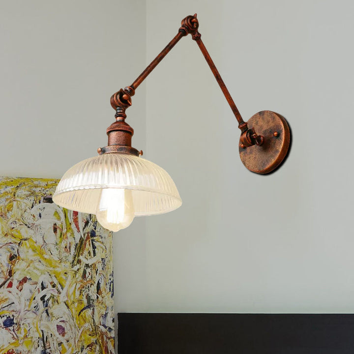 BowLift | 1 Light Ribbed Glass Wall Lamp Light Industrial Antique Brass/Black/Rust Dome Living Room Lighting Fixture with Swing Arm