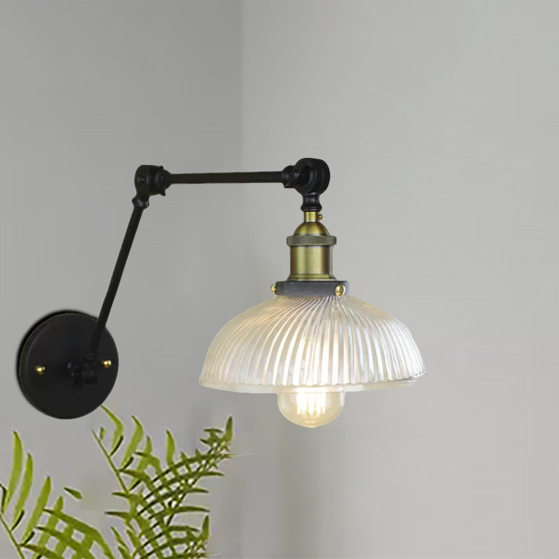 BowLift | 1 Light Ribbed Glass Wall Lamp Light Industrial Antique Brass/Black/Rust Dome Living Room Lighting Fixture with Swing Arm