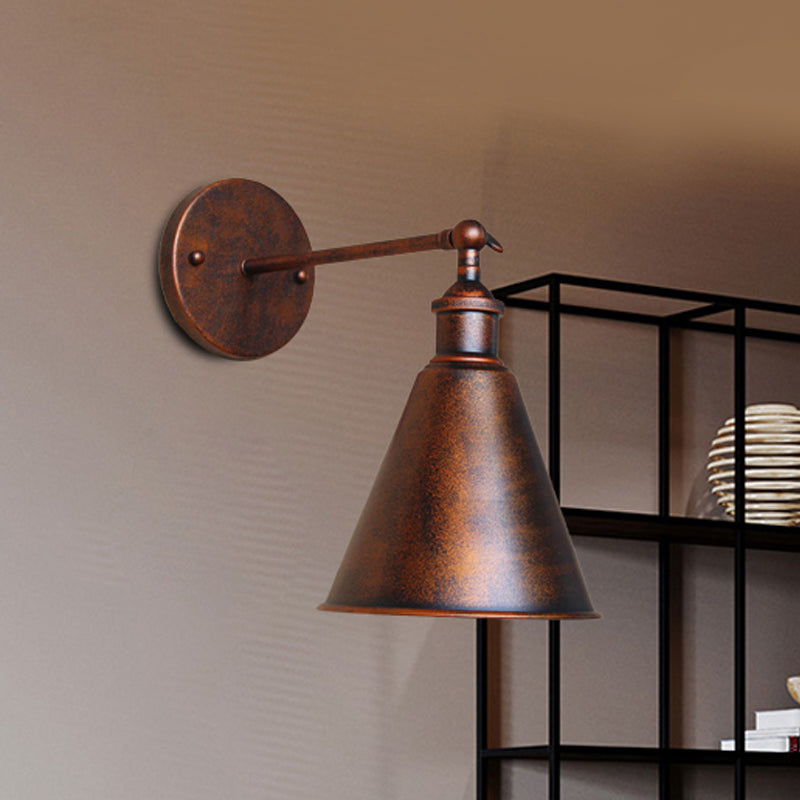 BowLift | Black/Rust 1 Head Wall Lamp Farmhouse Style Wrought Iron Conical Adjustable Wall Light Fixture for Outdoor