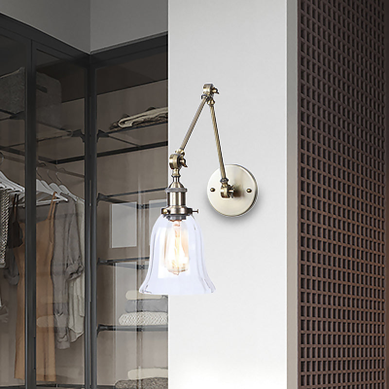 BowLift | Clear Textured Glass Flare Wall Sconce Antique 1 Light Study Room Lighting Fixture in Bronze