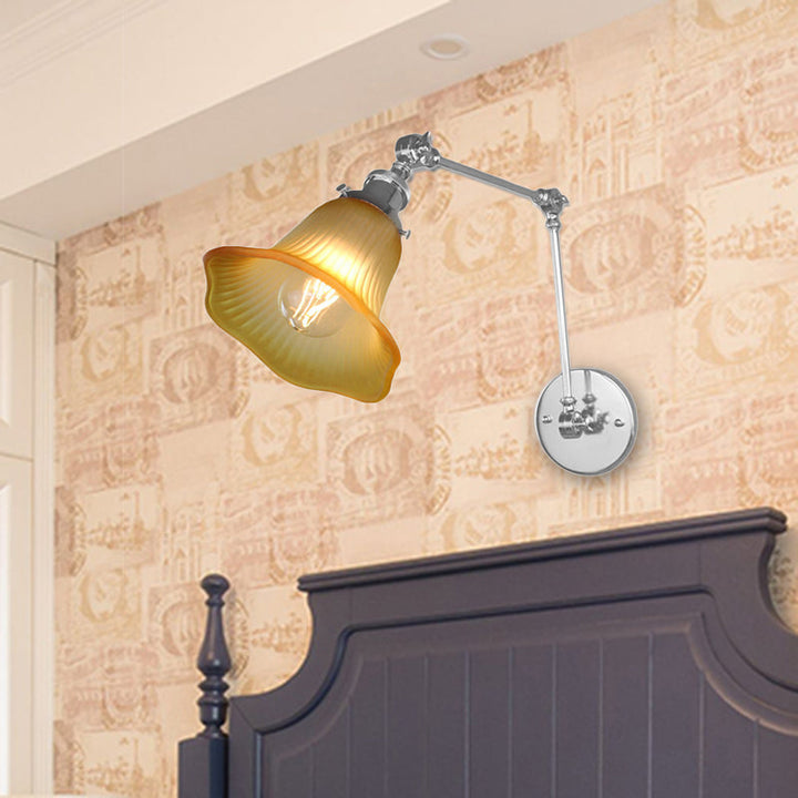 BowLift | 1 Light Flare Wall Light Fixture Industrial Design Chrome Amber Textured Glass Wall Lamp for Bedroom