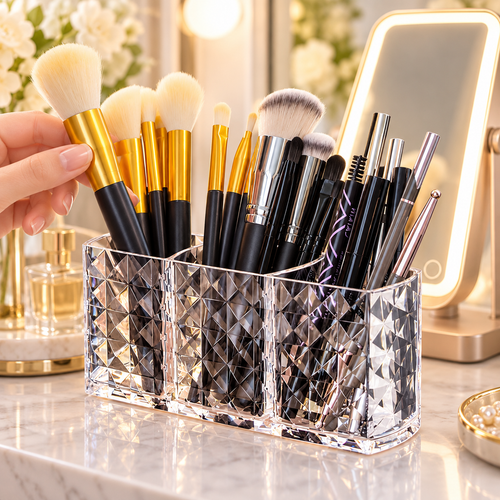 Acrylic Vanity Makeup Brush Organizer with Three Compartments Diamond-Cut Clear Holder Bowlift