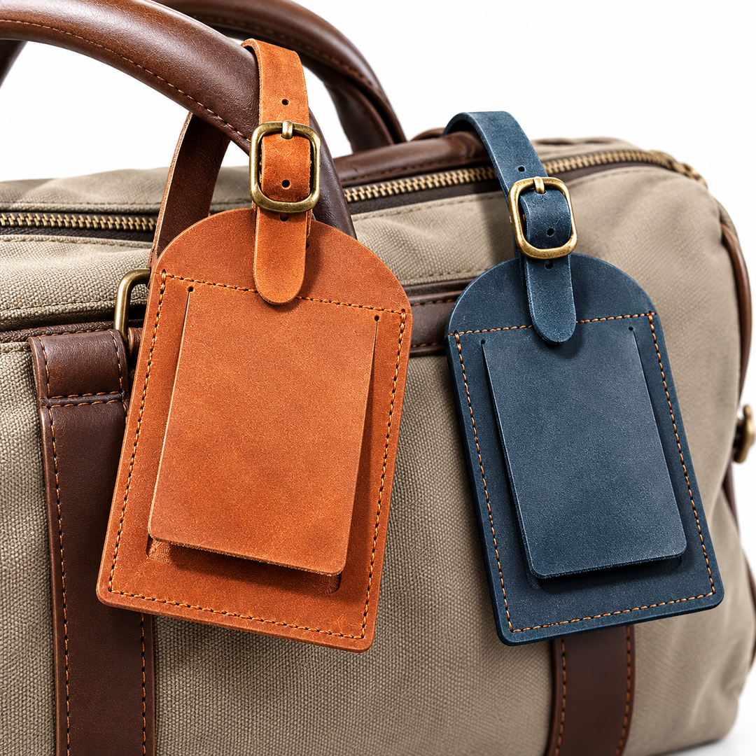 Full-Grain Leather Luggage ID Tag with Adjustable Buckle Strap Bowlift
