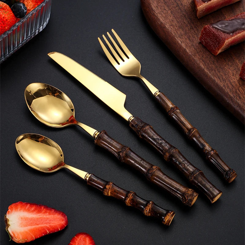 BowLift | Black Bamboo Dinnerware Set - Upscale Stainless Steel Fork and Spoon Tableware
