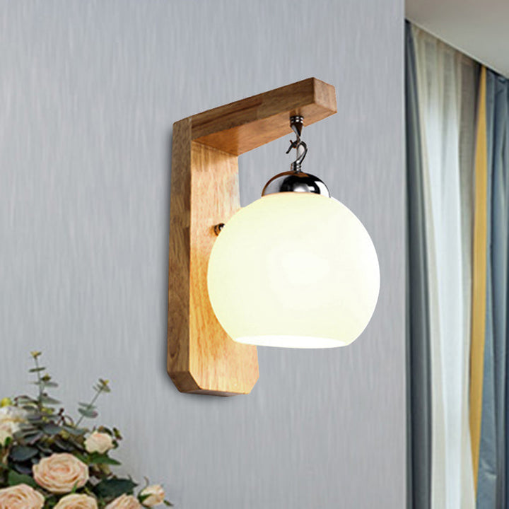 BowLift | Modern Globe Pendant Light Opal Glass 1-Bulb White Wall Lamp with Wooden Base for the Bedroom