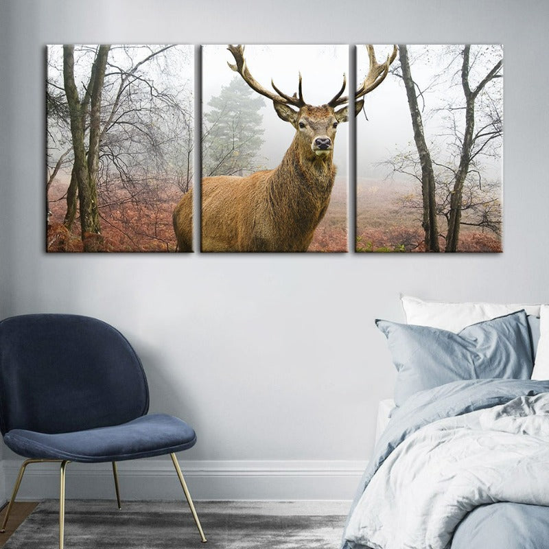 Misty Fall Deer-Canvas Wall Art Painting 3 Pieces | Bowlift