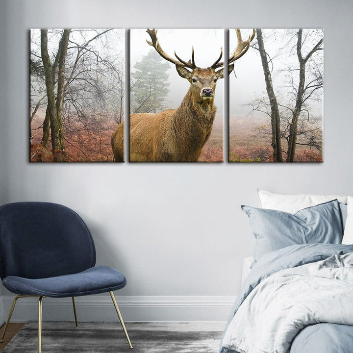 Misty Fall Deer-Canvas Wall Art Painting 3 Pieces | Bowlift