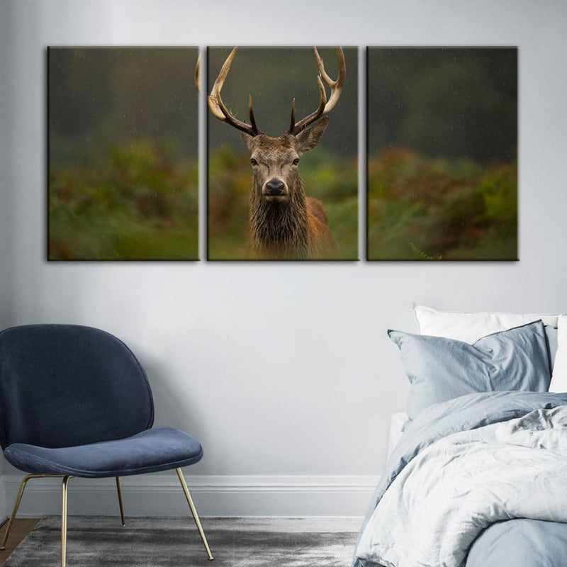 Curios Deer Amongst Ferns-Canvas Wall Art Painting 3 Pieces | Bowlift