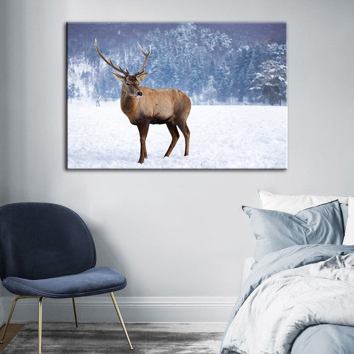 Snowy Landscape Deer - Canvas Wall Art Painting | Bowlift