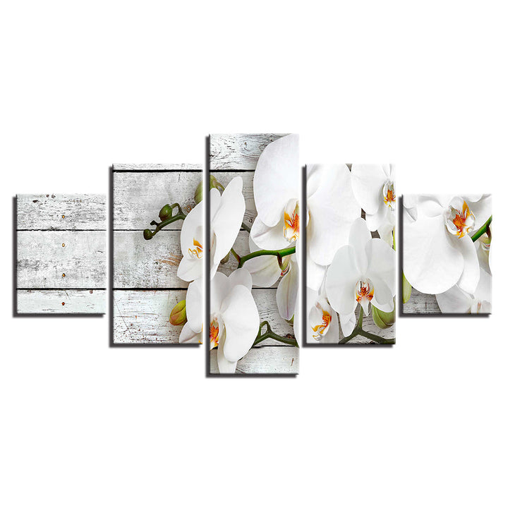 White Wood And Orchids 5 Piece - Canvas Wall Art Painting | Bowlift