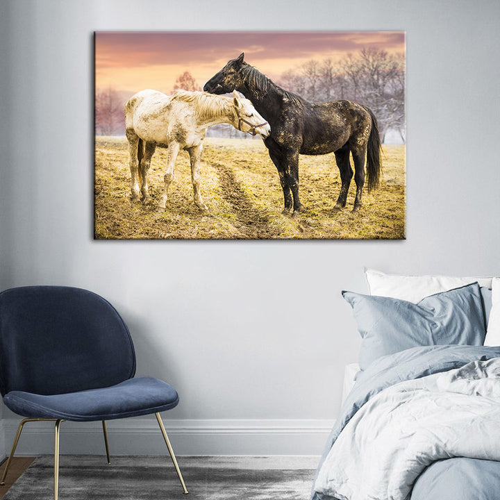 Black & White Horses - Canvas Wall Art Painting | Bowlift