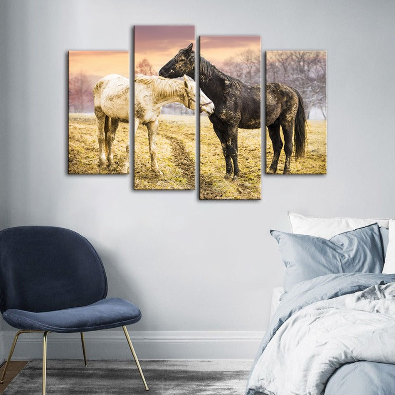 4 Piece Black & White Horses - Canvas Wall Art Painting | Bowlift