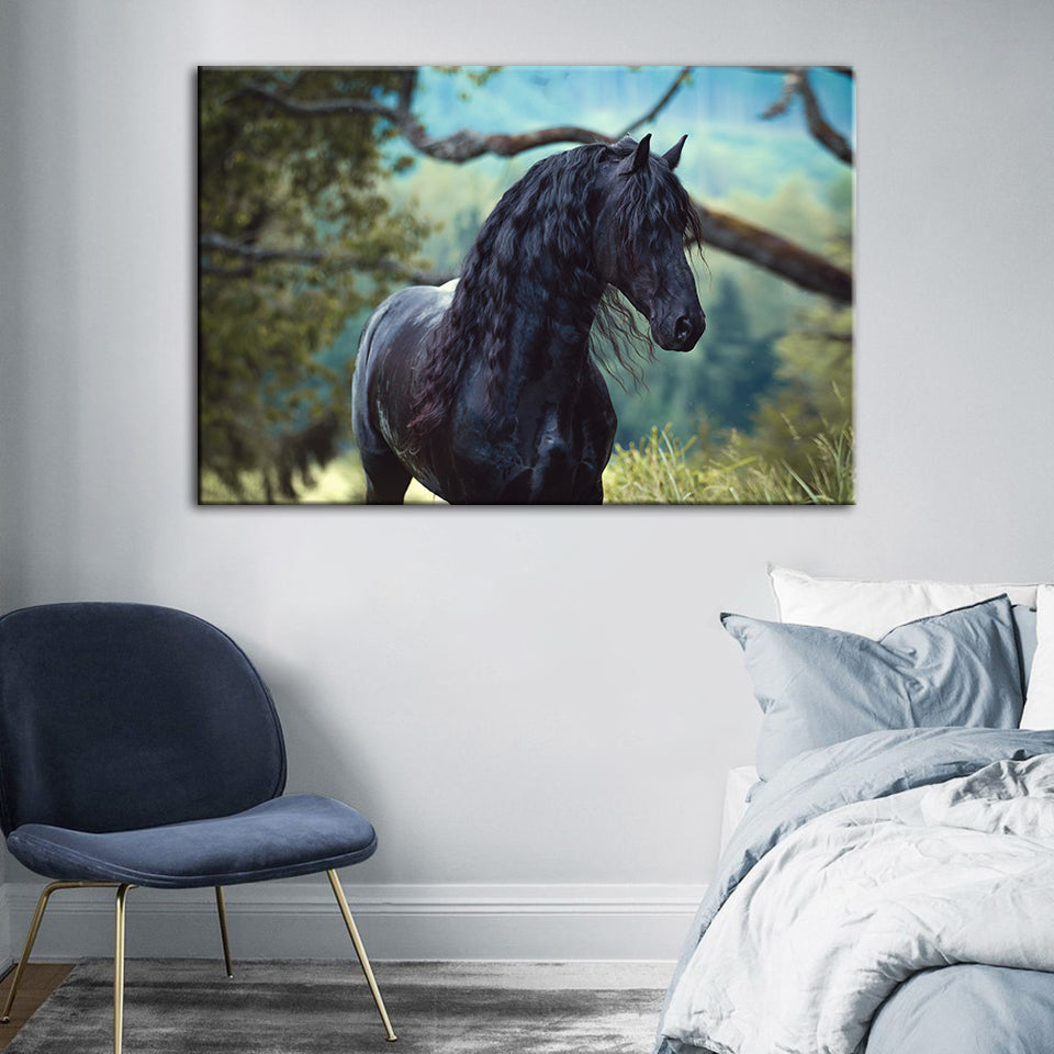 Black Horse In Forest - Canvas Wall Art Painting | Bowlift