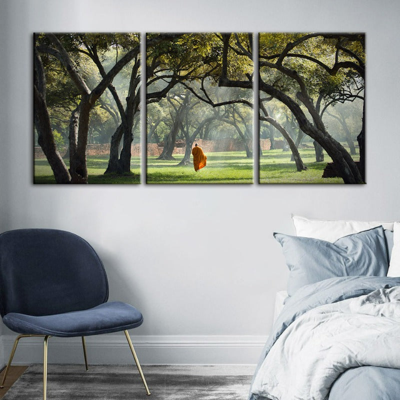 Peaceful Monk Walking-Canvas Wall Art Painting 3 Pieces | Bowlift