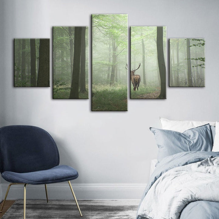 5 Piece Misty Mystical Deer In The Woods - Canvas Wall Art Paintings | Bowlift