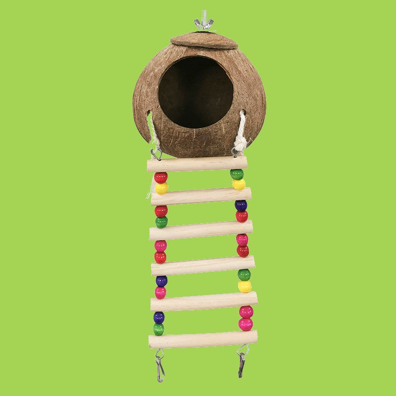 BowLift | Coconut Shell Bird Nest with Wood Ladders, for Parrot, Budgies, Parakeet, Canary, Finch, Hamster, Rat