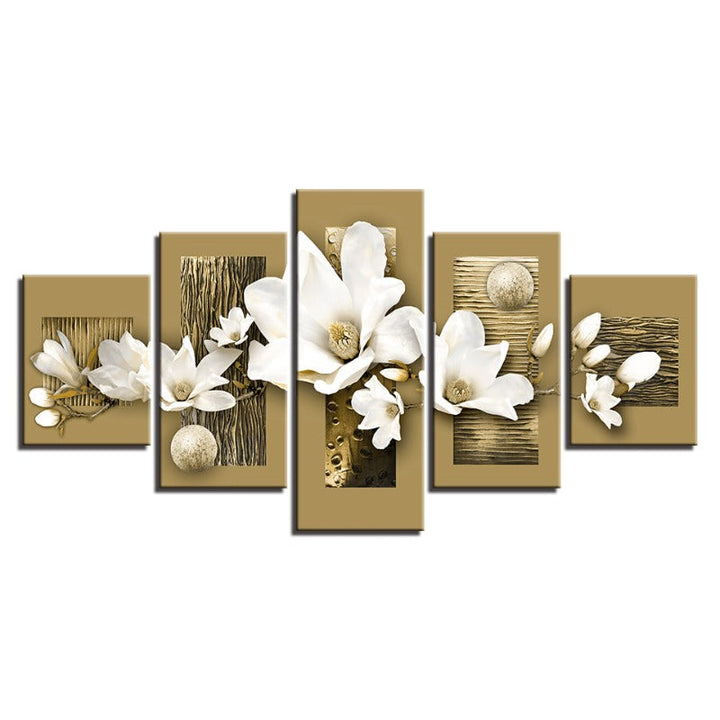 5 Piece Wooden Background White Flower - Canvas Wall Art Painting | Bowlift