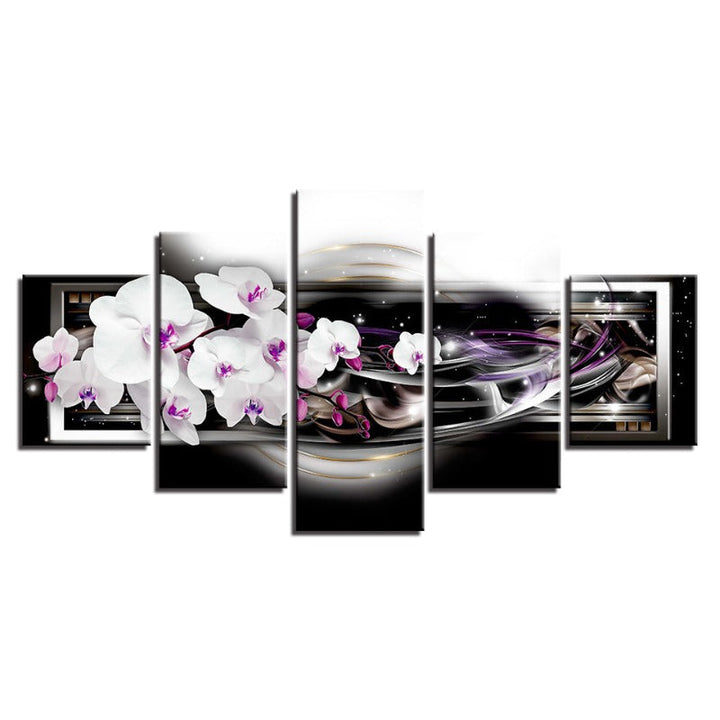 5 Piece Black Background Purple Hue White Flower - Canvas Wall Art Painting | Bowlift