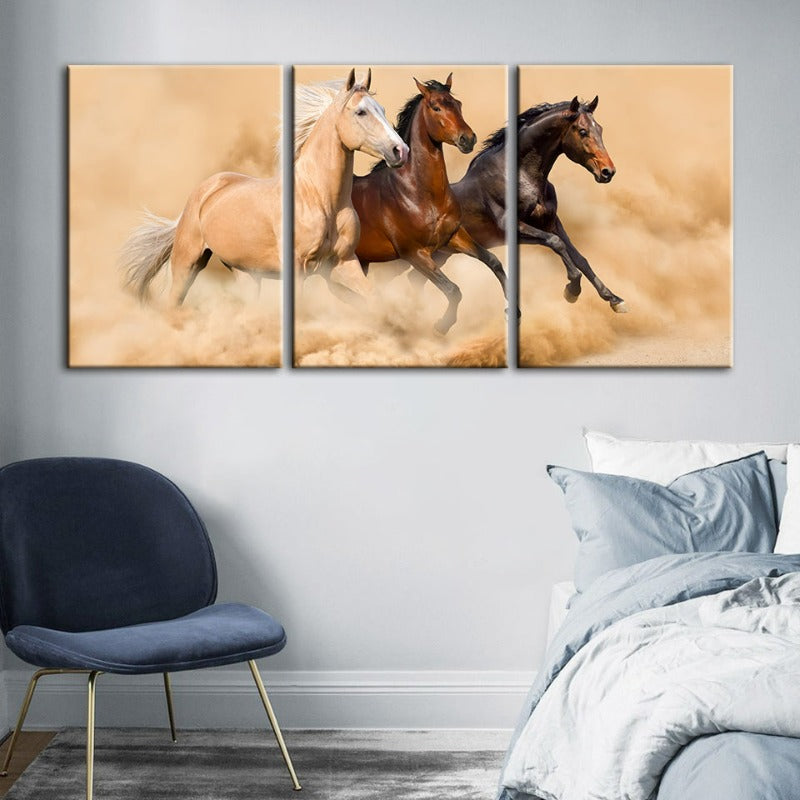 Three Running Horses In Desert-Canvas Wall Art Painting 3 Pieces | Bowlift