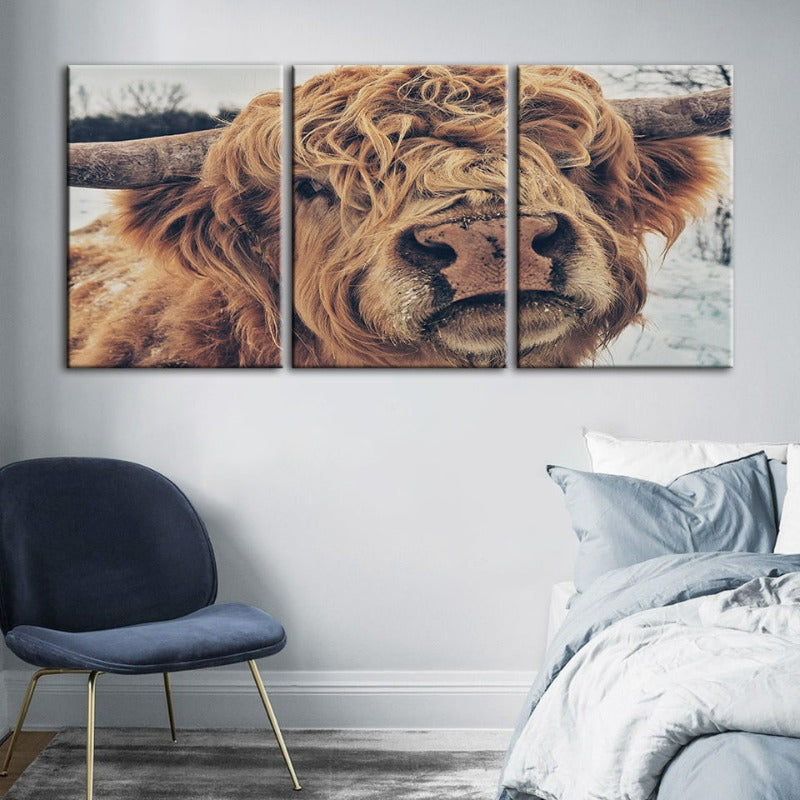Close Up Brown Cow-Canvas Wall Art Painting 3 Pieces | Bowlift