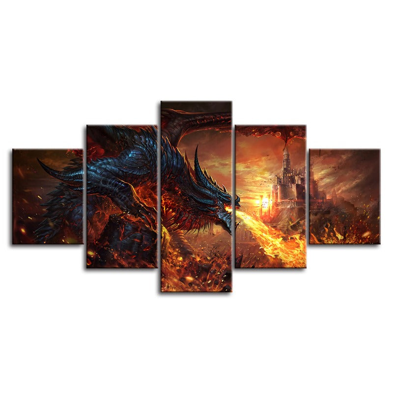 Dragon And Castle - 5 Piece Canvas Wall Art Painting | Bowlift