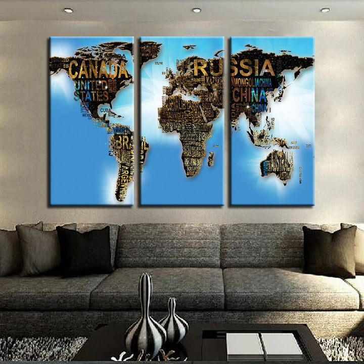 Country Name & Blue Sea World Map-Canvas Wall Art Painting 3 Pieces | Bowlift
