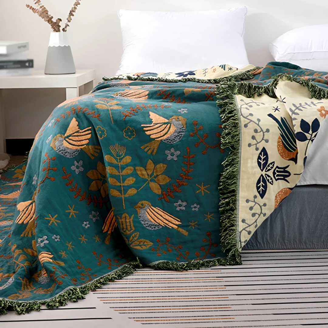 BowLift | Embroidered Cotton Throw Blanket with Birds and Flowers