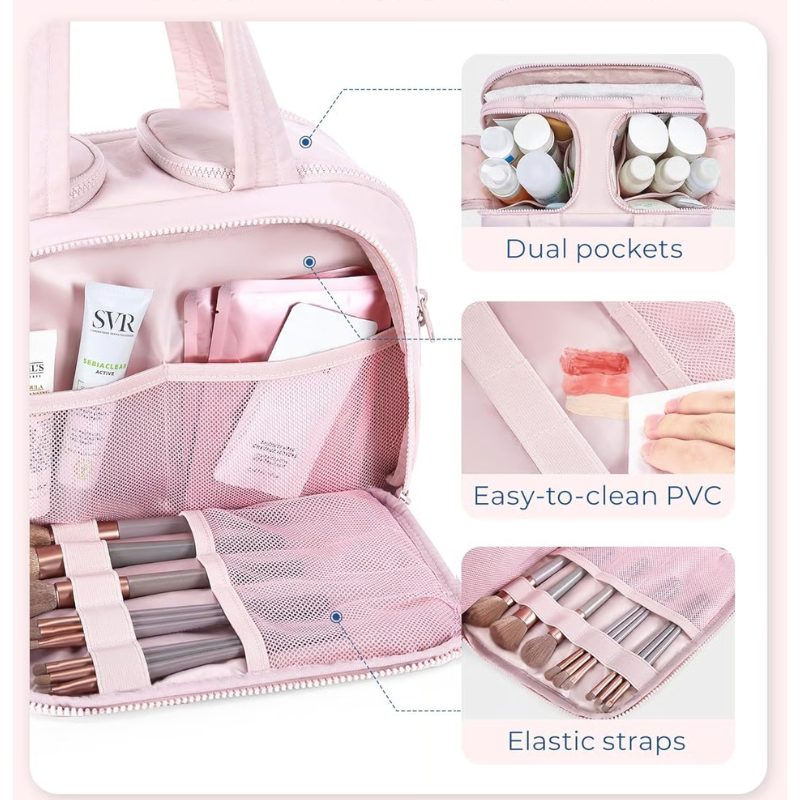 BowLift | Women’s Travel Toiletry Bag | Waterproof Lining | 4 Compartments | Upright Full-Open Design | 11 × 6.3 × 9.4 in
