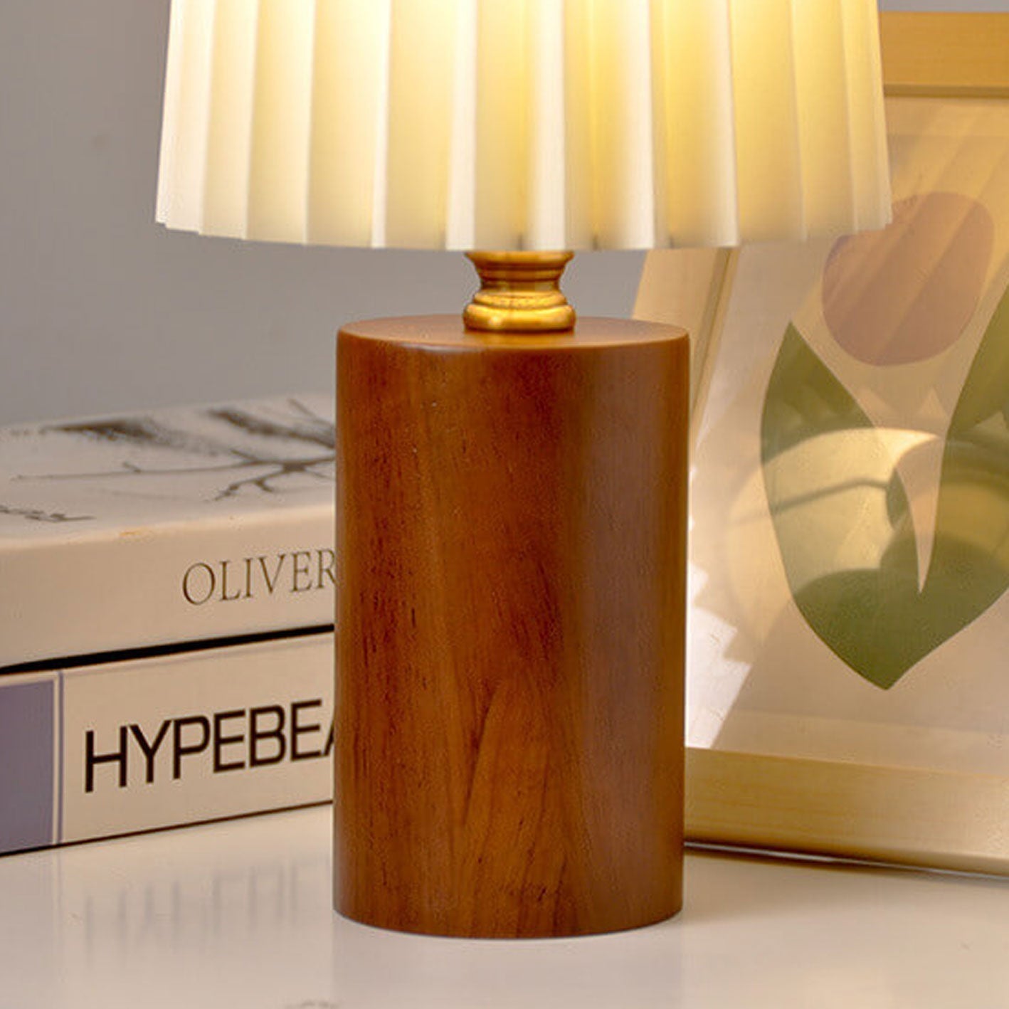 BowLift | Vintage Korean Pleated Column Solid Wood Base 1-Light Table Lamp