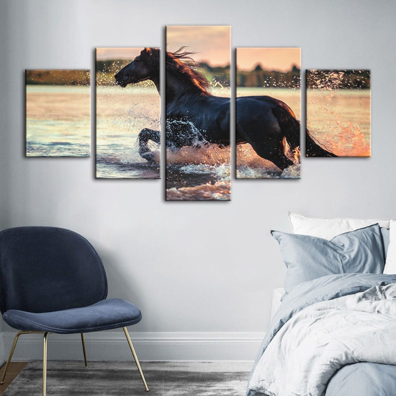 5 Piece Running Horse in Water - Canvas Wall Art Painting | Bowlift