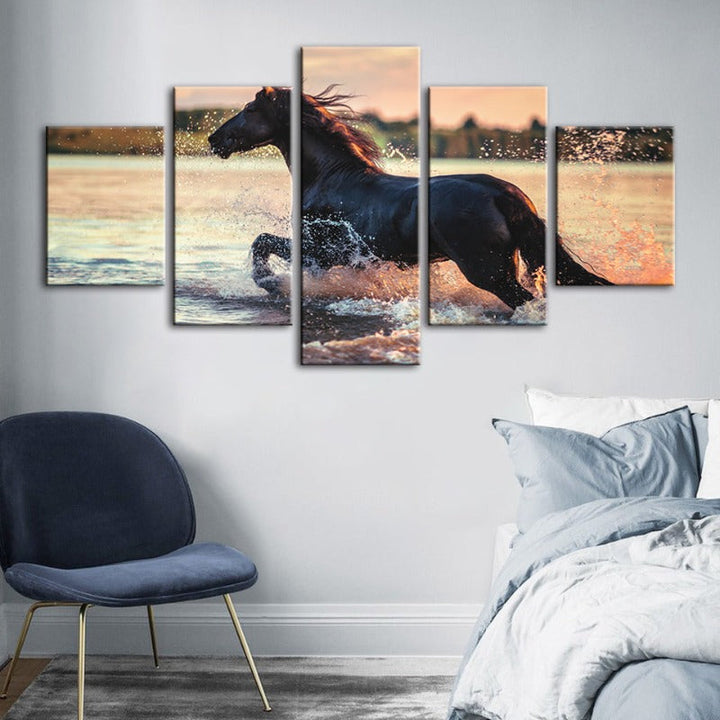 5 Piece Running Horse in Water - Canvas Wall Art Painting | Bowlift