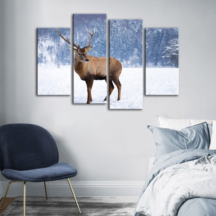 4 Piece Snowy Landscape Deer - Canvas Wall Art Painting | Bowlift