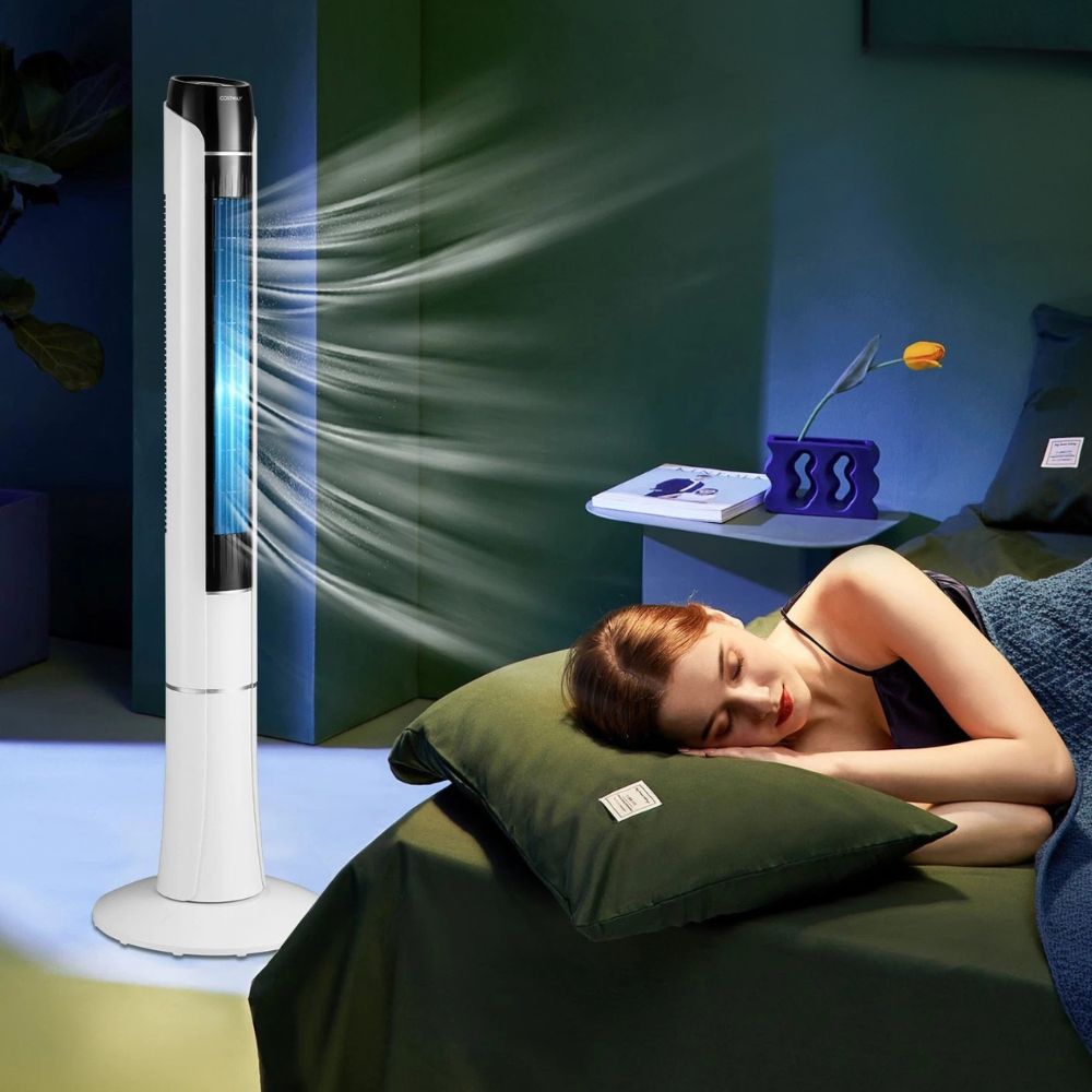 BowLift | Bladeless tower fan oscillating floor fan with remote, 3 speeds, and 7.5-hour timer