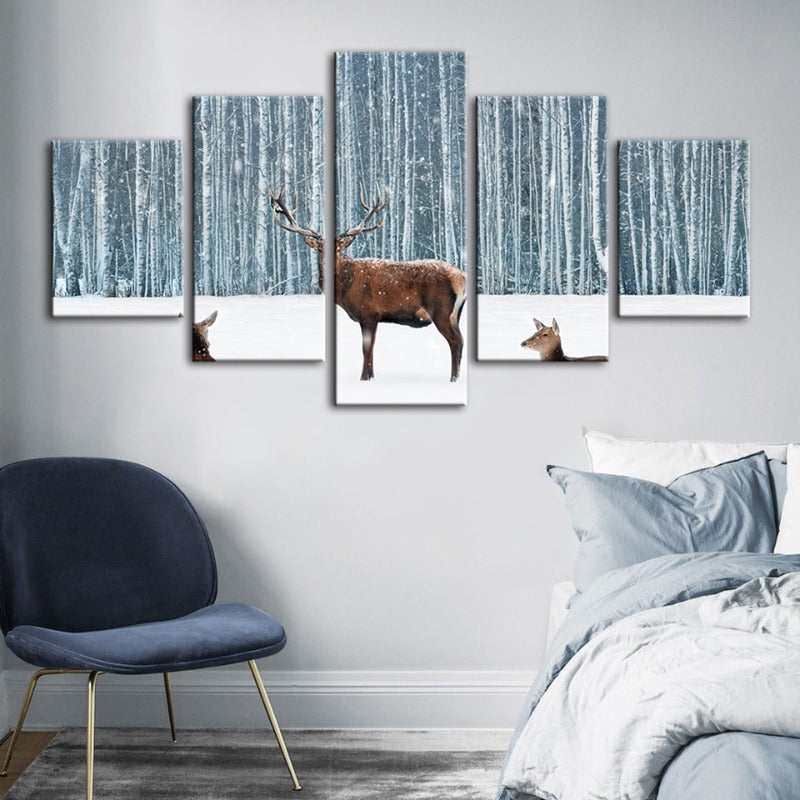 5 Piece Two Does and a Deer in Winter - Canvas Wall Art Painting | Bowlift