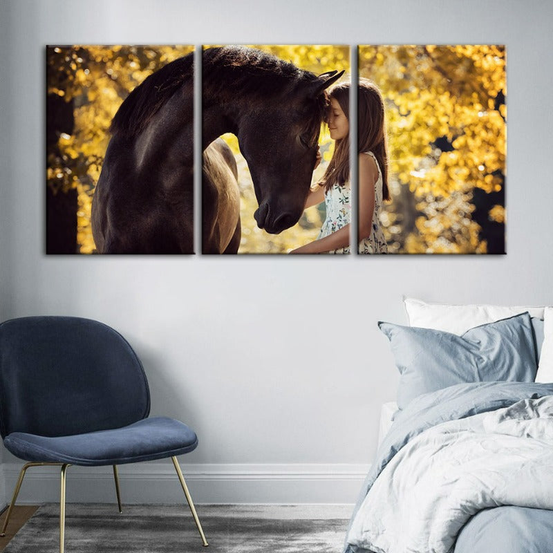 Friendship Between a Girl and Horse-Canvas Wall Art Painting 3 Pieces | Bowlift