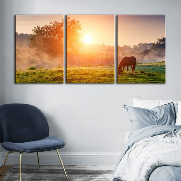 Sunrise Grazing Horse-Canvas Wall Art Painting 3 Pieces | Bowlift