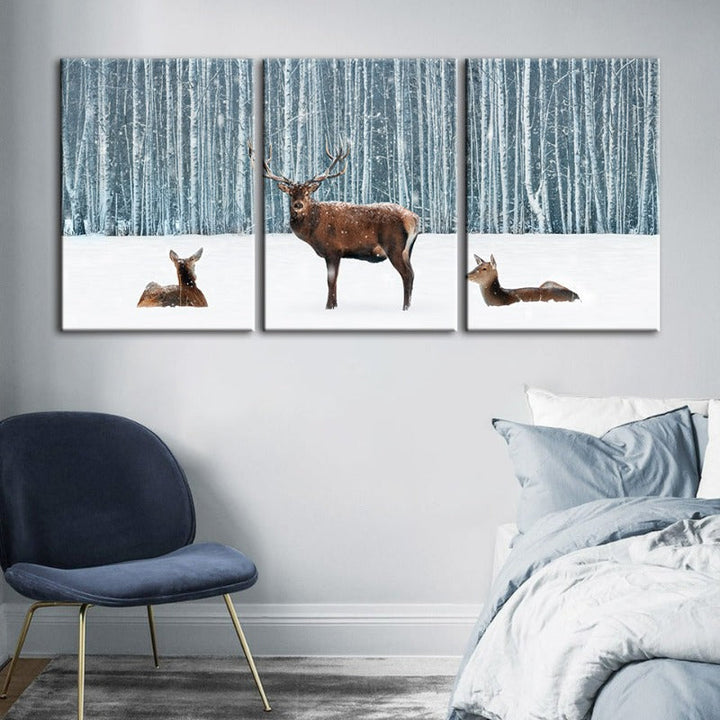 Two Does And A Deer In Winter-Canvas Wall Art Painting 3 Pieces | Bowlift