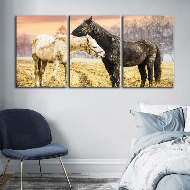Black & White Horses-Canvas Wall Art Painting 3 Pieces | Bowlift