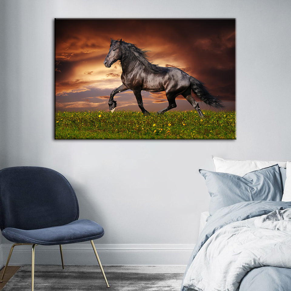 Running Black Horse - Canvas Wall Art Painting | Bowlift