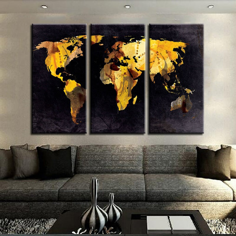 Beautiful Yellow Leaf World Map-Canvas Wall Art Painting 3 Pieces | Bowlift